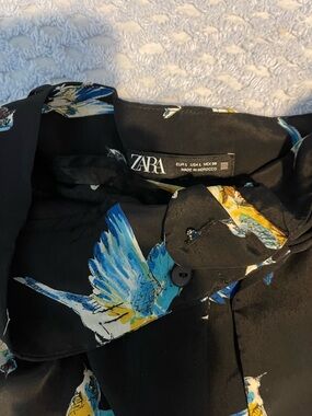 ZARA Black Button-Up Shirt with Blue & Yellow Bird Print